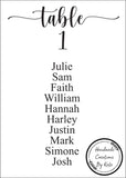 Printed seating plan tables