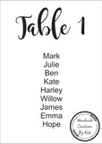 Printed seating plan tables