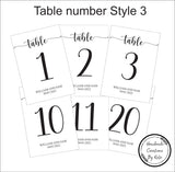 Printed Table Numbers